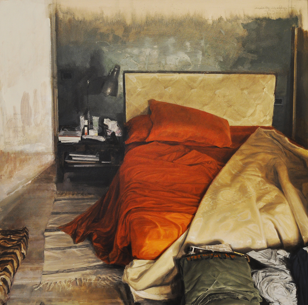 Nicola Nannini - Interno in arancio e luce frontale diffusa - olio su tela - cm100x100 - anno 2016